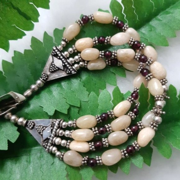 Bracelet Natural (br6) Gemstones Cream Aventurine Garnet 925 Silver 4-strand - Picture 2 of 10